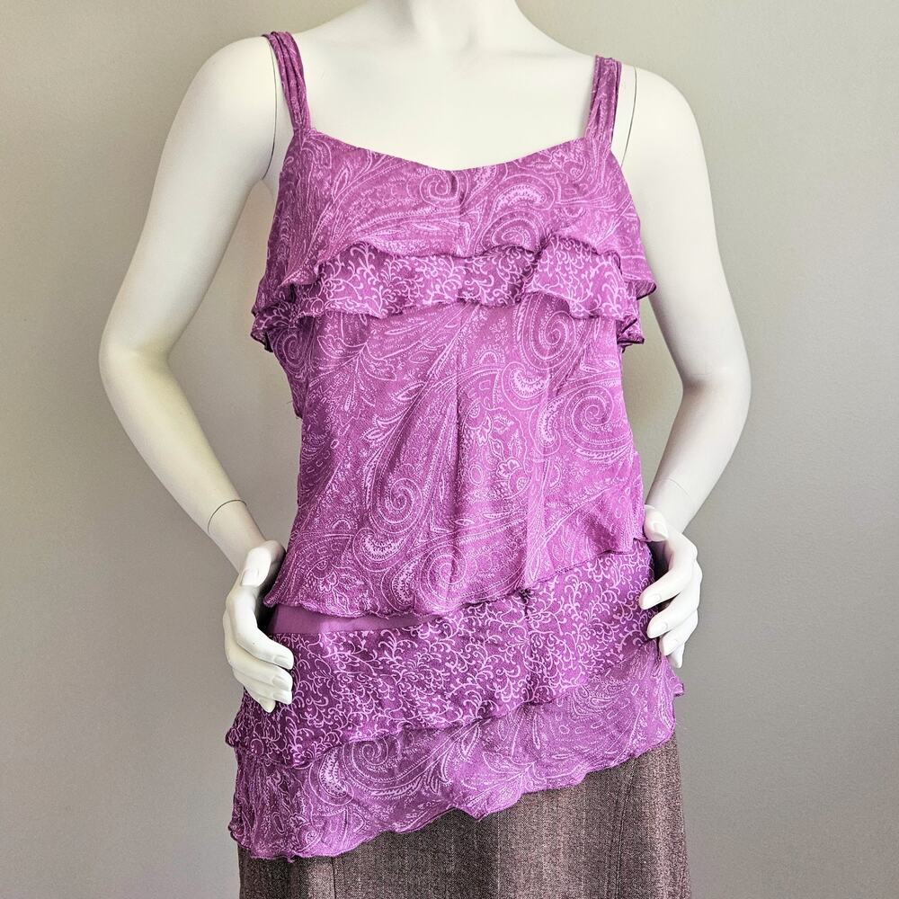 VTG 100% Silk Asymmetrical Paisley Tank Y2K Ruffle Whimsigoth Fairy Size L